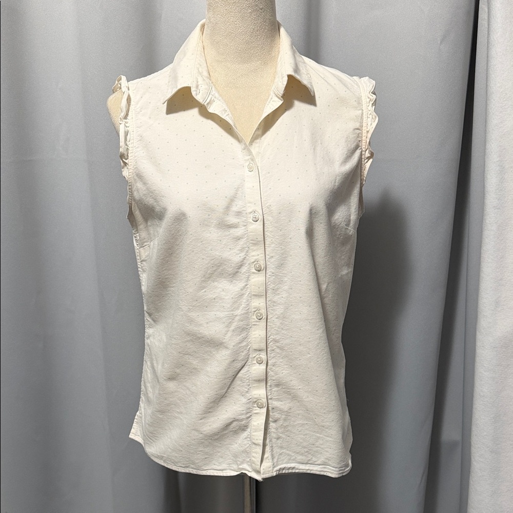 Brooks Brothers 100% Cotton Sleeveless Button-Front Shirt -Cream with Green dots